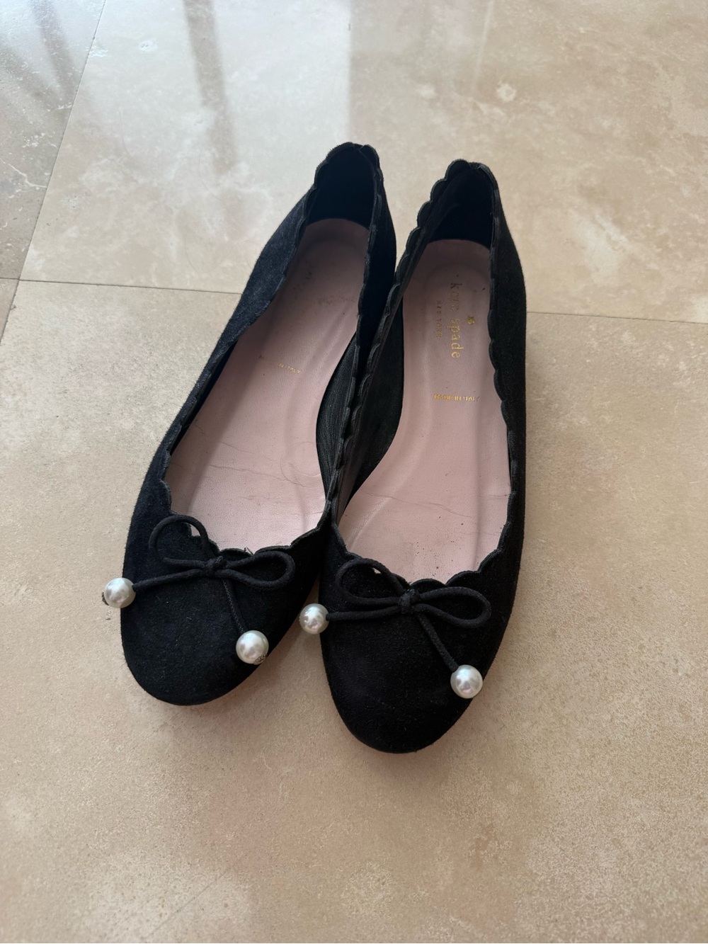 kate spade Black Scalloped Pearl-Trim Ballet Flats